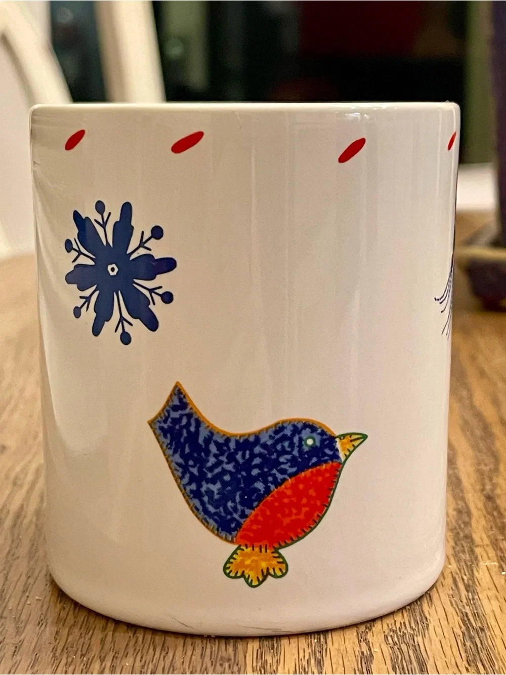 Crate & Barrel Christmas Coffee Cocoa Mug Tea Cup Julia Bullmore Hat Scarf Bird